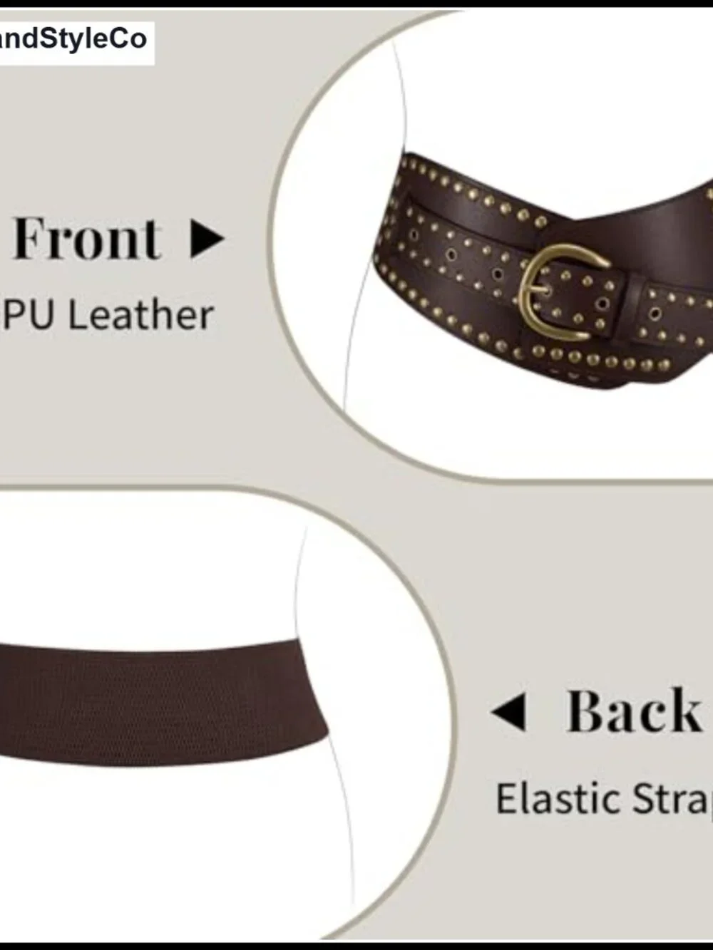 Vintage Stretchy Studded Waist Belt with Rivets and Metal Buckle Faux Leather